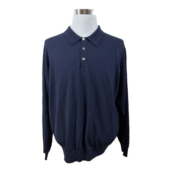 VTG Alfani Merino Wool Sweater Henley Polo Mens XL Blue 100% Pure Italian Knit - Picture 2 of 7